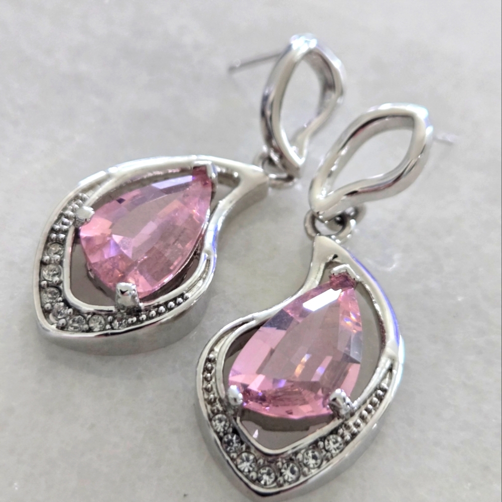Pink Fauceted Crystal and Sterling Silver Drop Earrings STAMPED 925